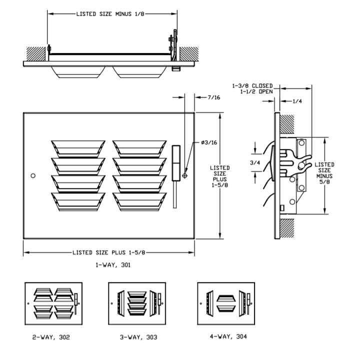 363 - Steel Curved Blade Registers 3-way, Metal Handle, MS damper Dimensional Drawing